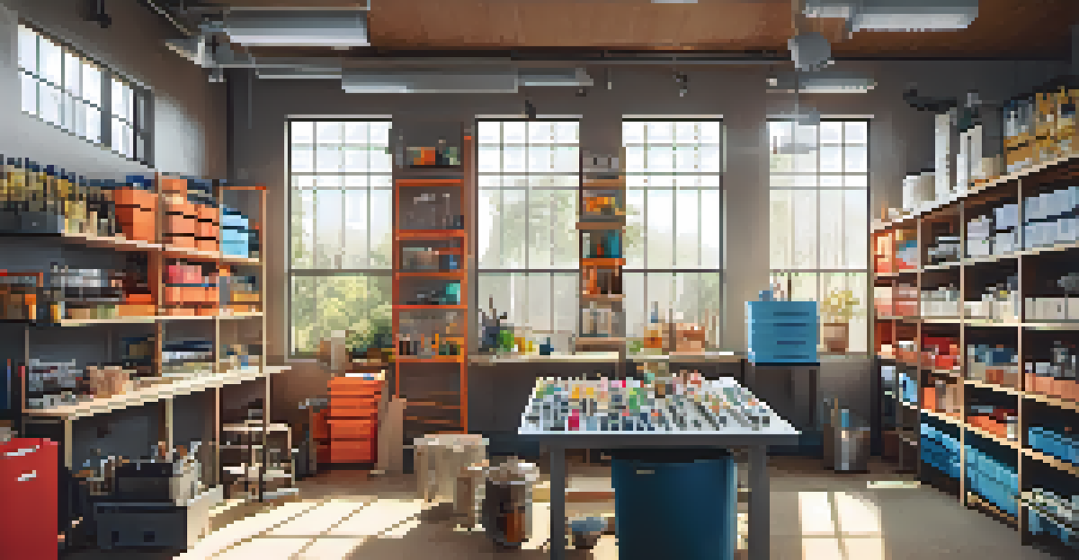 A bright and colorful workshop with storage solutions and a vision board for inspiration.