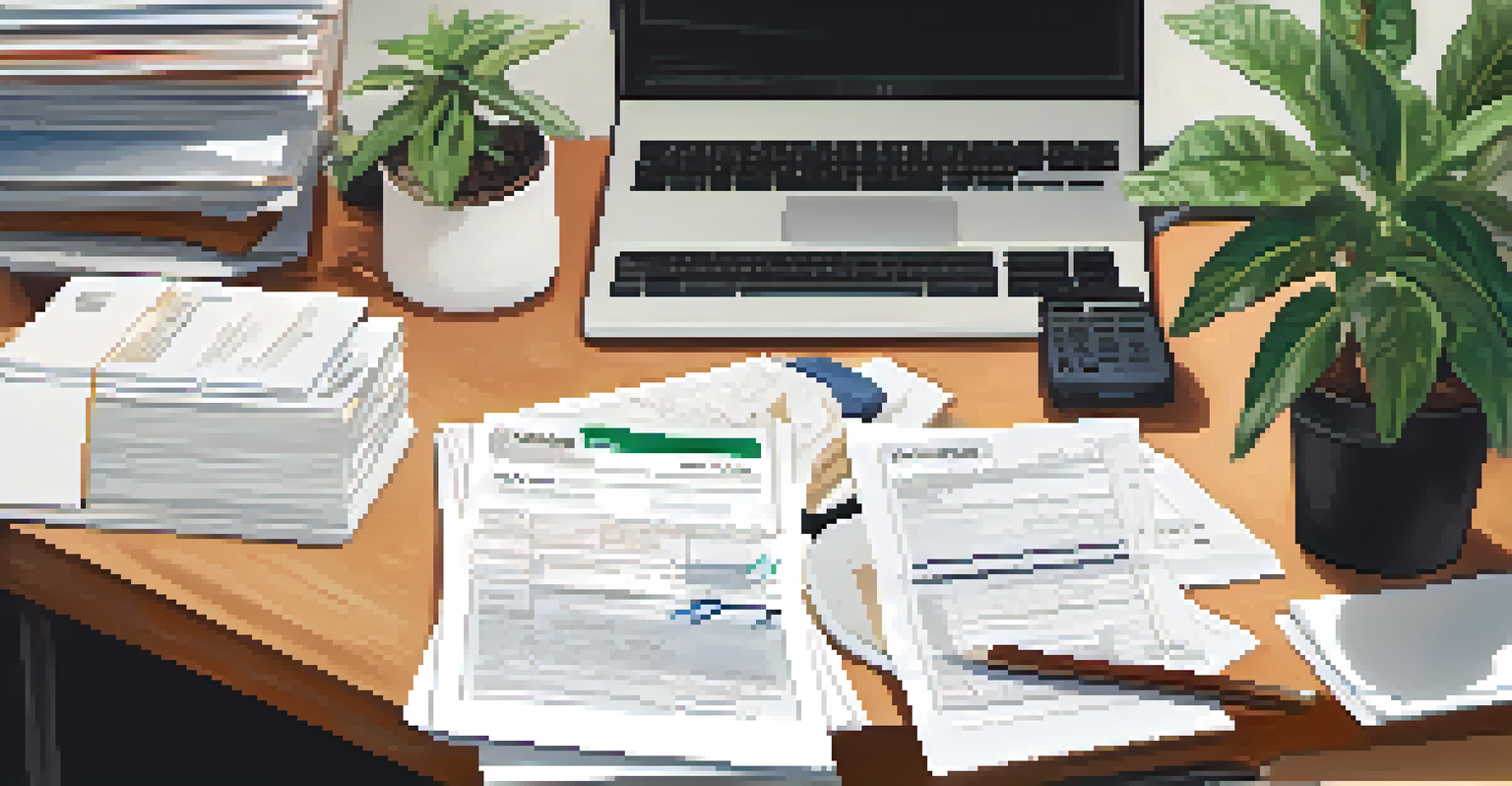 A close-up of hands organizing paperwork related to real estate sales, with a laptop and a plant in a modern workspace.