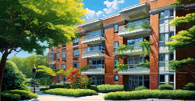 A modern multi-family apartment building surrounded by greenery and flowers, under a blue sky with clouds.