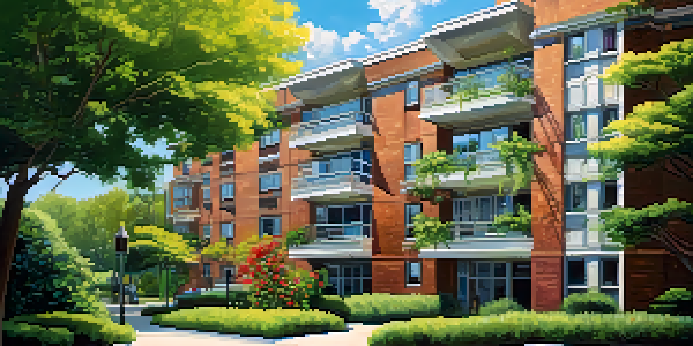 A modern multi-family apartment building surrounded by greenery and flowers, under a blue sky with clouds.