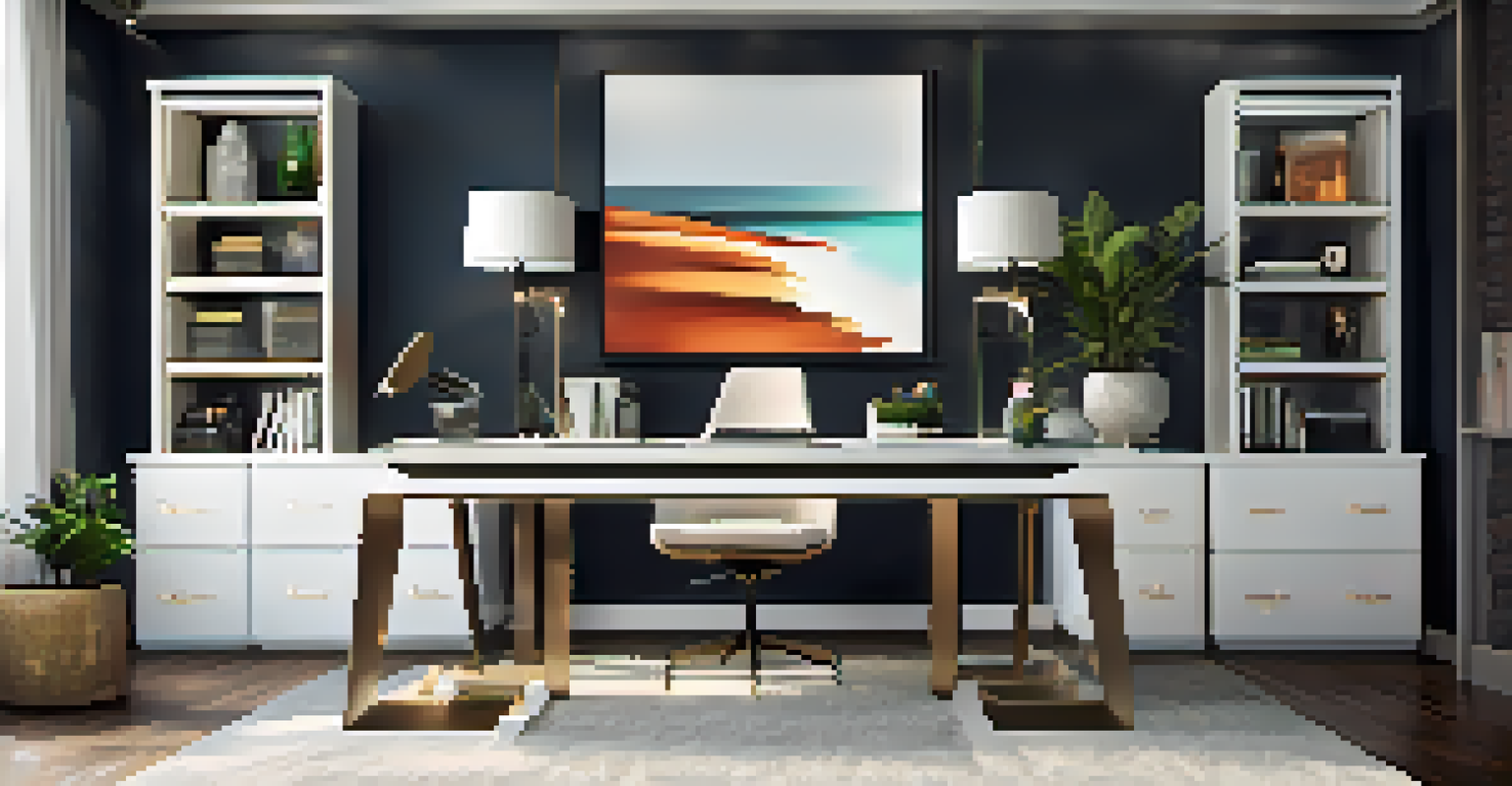 A modern home office equipped with dual monitors, smart technology, and soundproofing panels, showcasing a tech-savvy workspace.