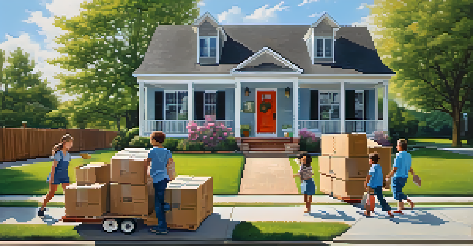 A family happily moving into their new home, unloading boxes from a truck.