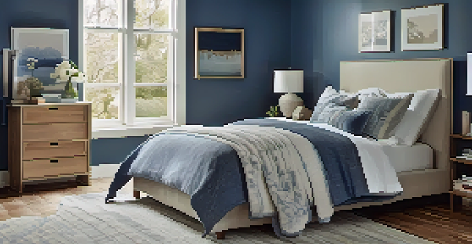 A cozy bedroom with a stylish bed that has built-in drawers, organized storage bins beside the bed, and decorative baskets at the foot of the bed, all illuminated by soft, warm lighting.