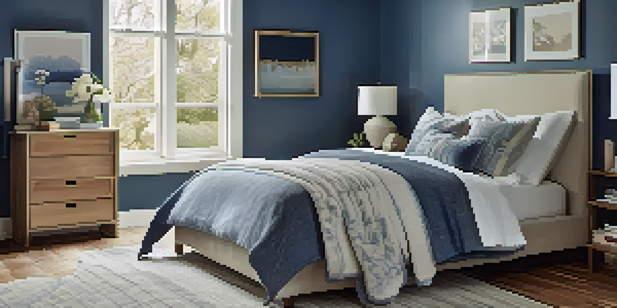 A cozy bedroom with a stylish bed that has built-in drawers, organized storage bins beside the bed, and decorative baskets at the foot of the bed, all illuminated by soft, warm lighting.