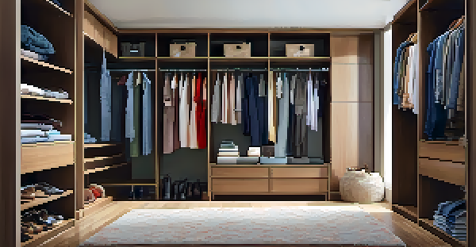 An organized closet with various clothes on hangers and a donation box filled with clothes, illuminated by natural light.