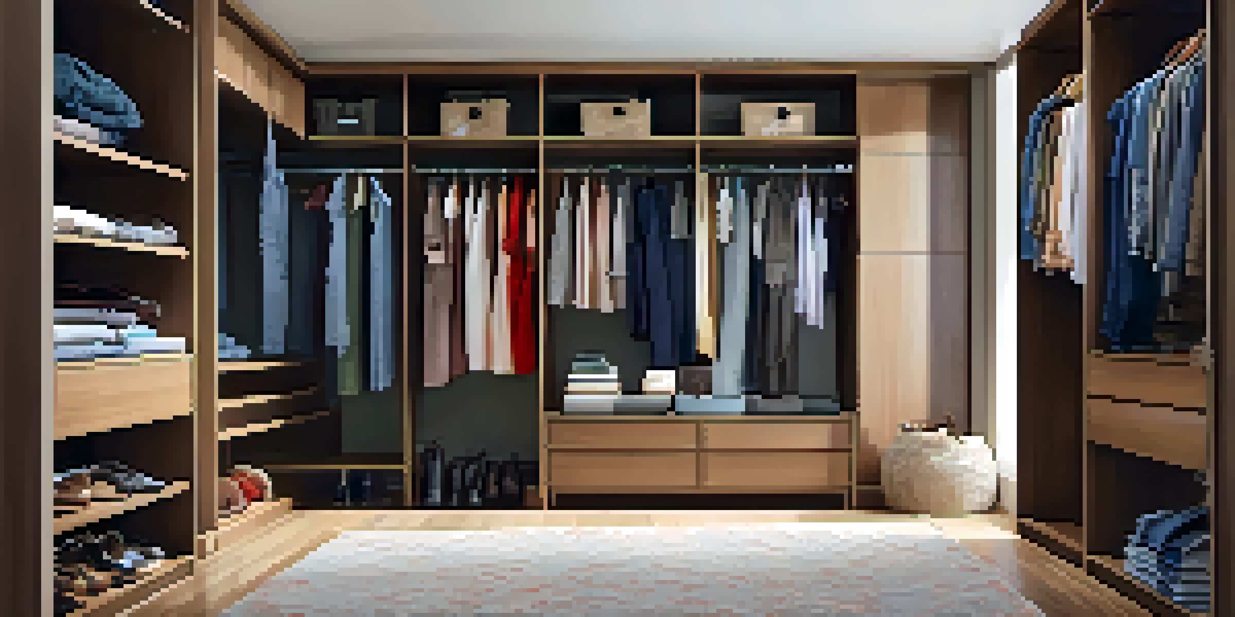 An organized closet with various clothes on hangers and a donation box filled with clothes, illuminated by natural light.