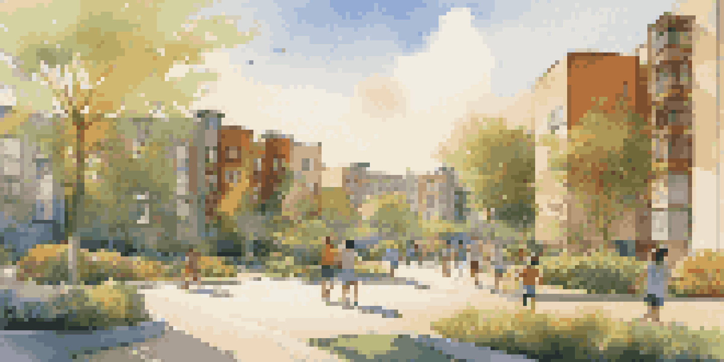 A modern housing development in an urban setting with families and greenery, illuminated by golden hour sunlight.