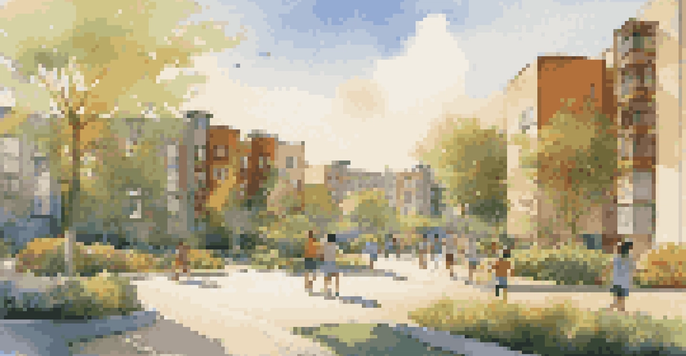 A modern housing development in an urban setting with families and greenery, illuminated by golden hour sunlight.