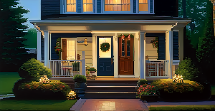 A cozy home with visible security features, including a camera and smart lights, illuminated at twilight.