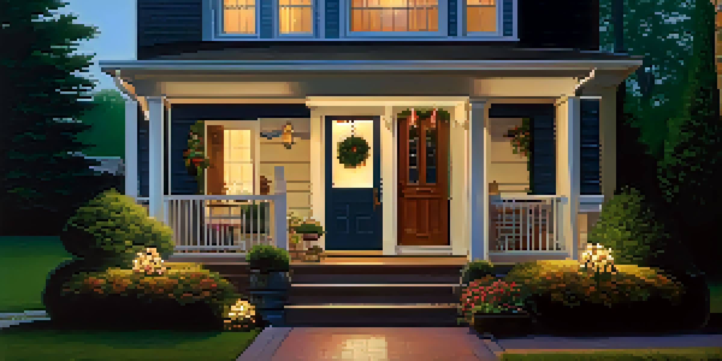 A cozy home with visible security features, including a camera and smart lights, illuminated at twilight.