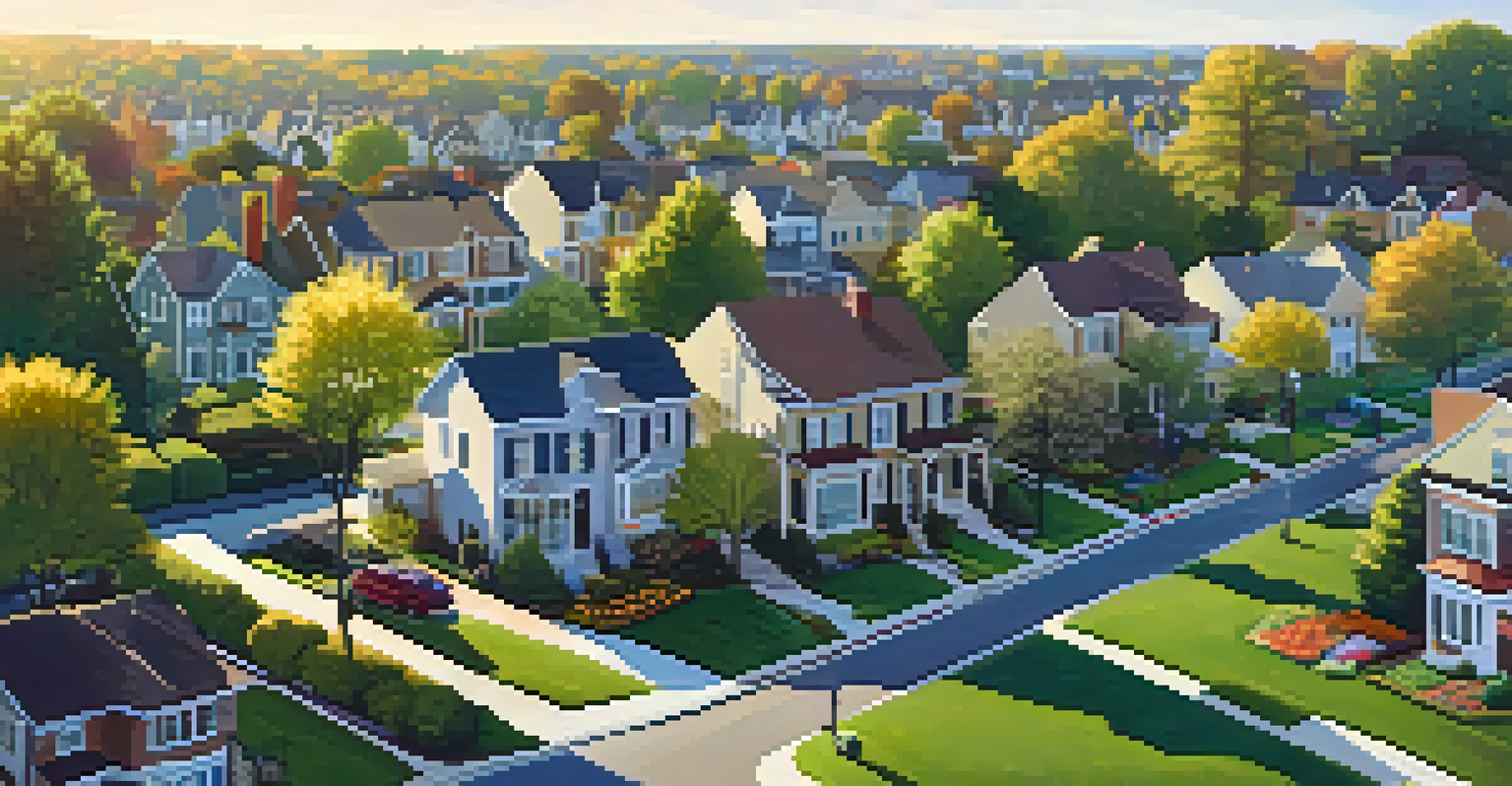 An aerial view of a suburban neighborhood with diverse homes and lush greenery.