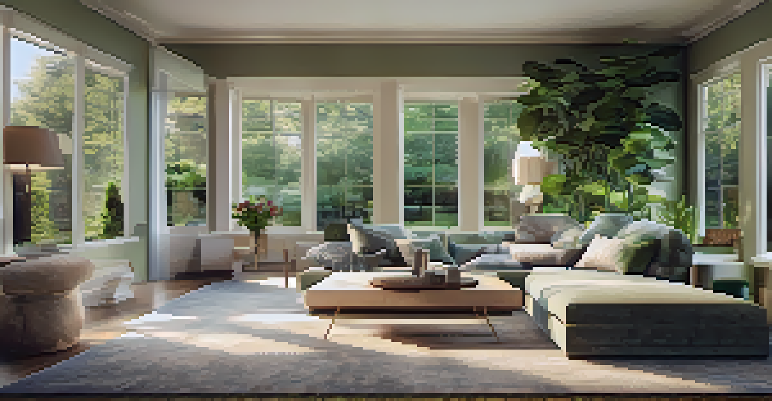 A stylish living room with a comfortable sofa, decorative cushions, and a view of a green garden through large windows.