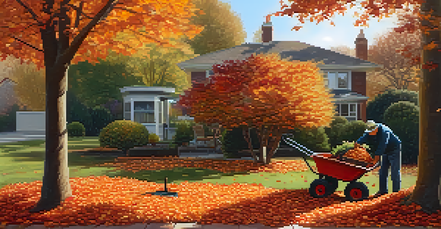 An autumn garden scene with a gardener raking colorful leaves and planting fall bulbs, illuminated by soft afternoon light.