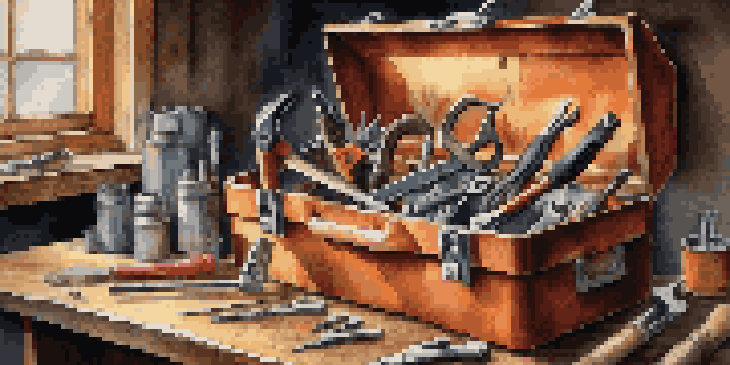 A neatly arranged toolbox containing various hand tools like a hammer, screwdrivers, and pliers on a wooden workbench.