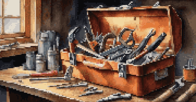 A neatly arranged toolbox containing various hand tools like a hammer, screwdrivers, and pliers on a wooden workbench.