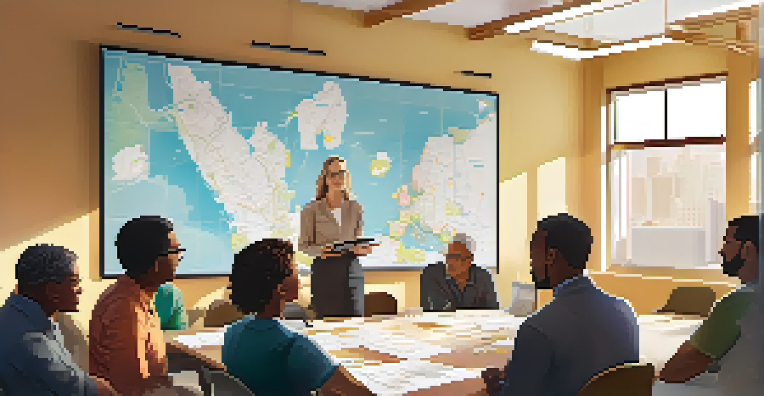 A collaborative urban planning meeting with diverse community members discussing zoning changes in a well-lit room.