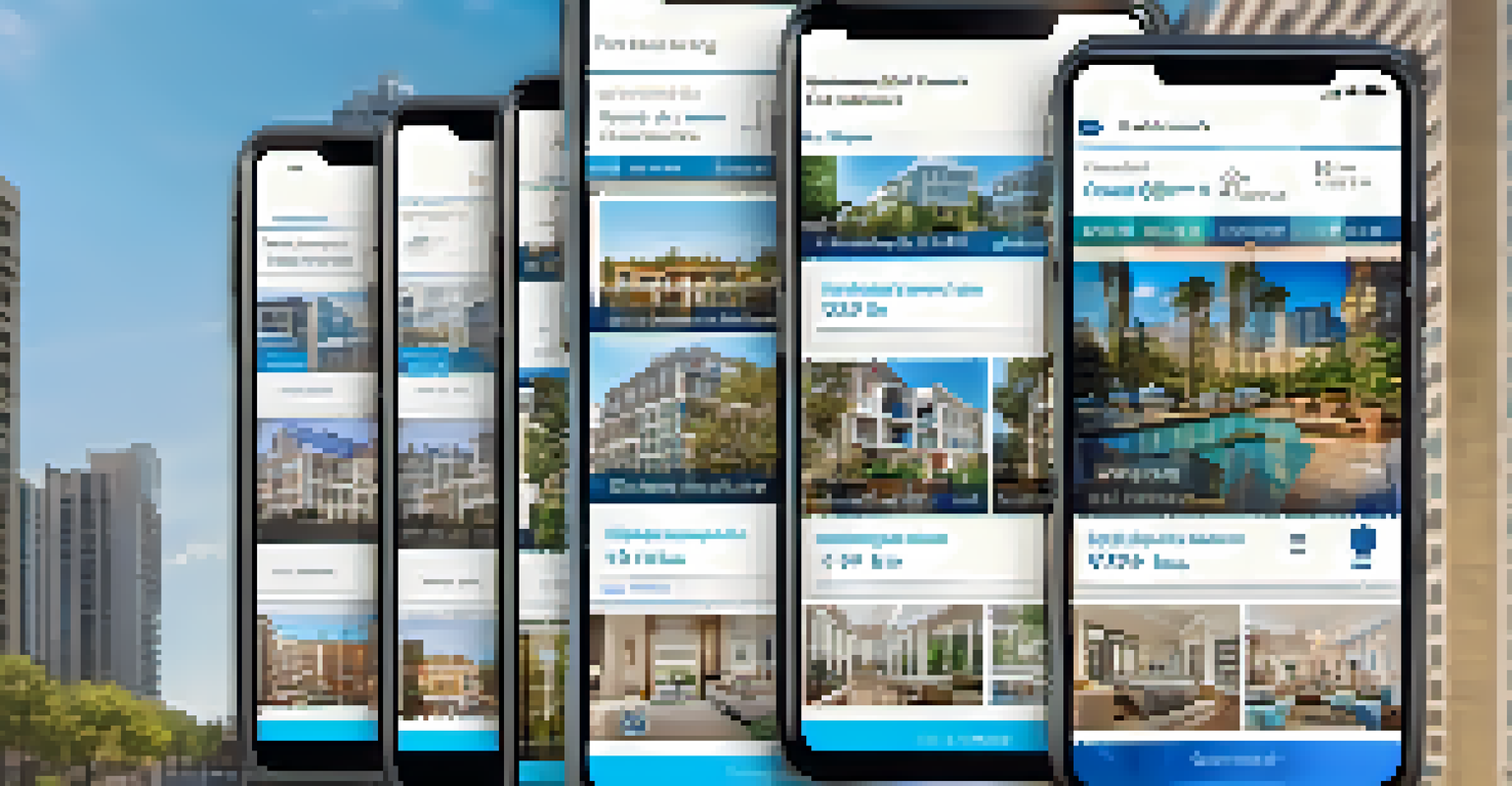 A smartphone displaying a mobile app with real estate listings and property images.