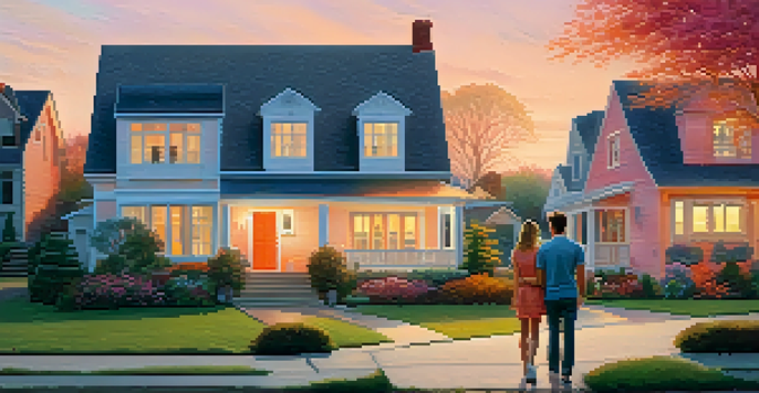A couple walking in a neighborhood at sunset with houses and gardens around them.