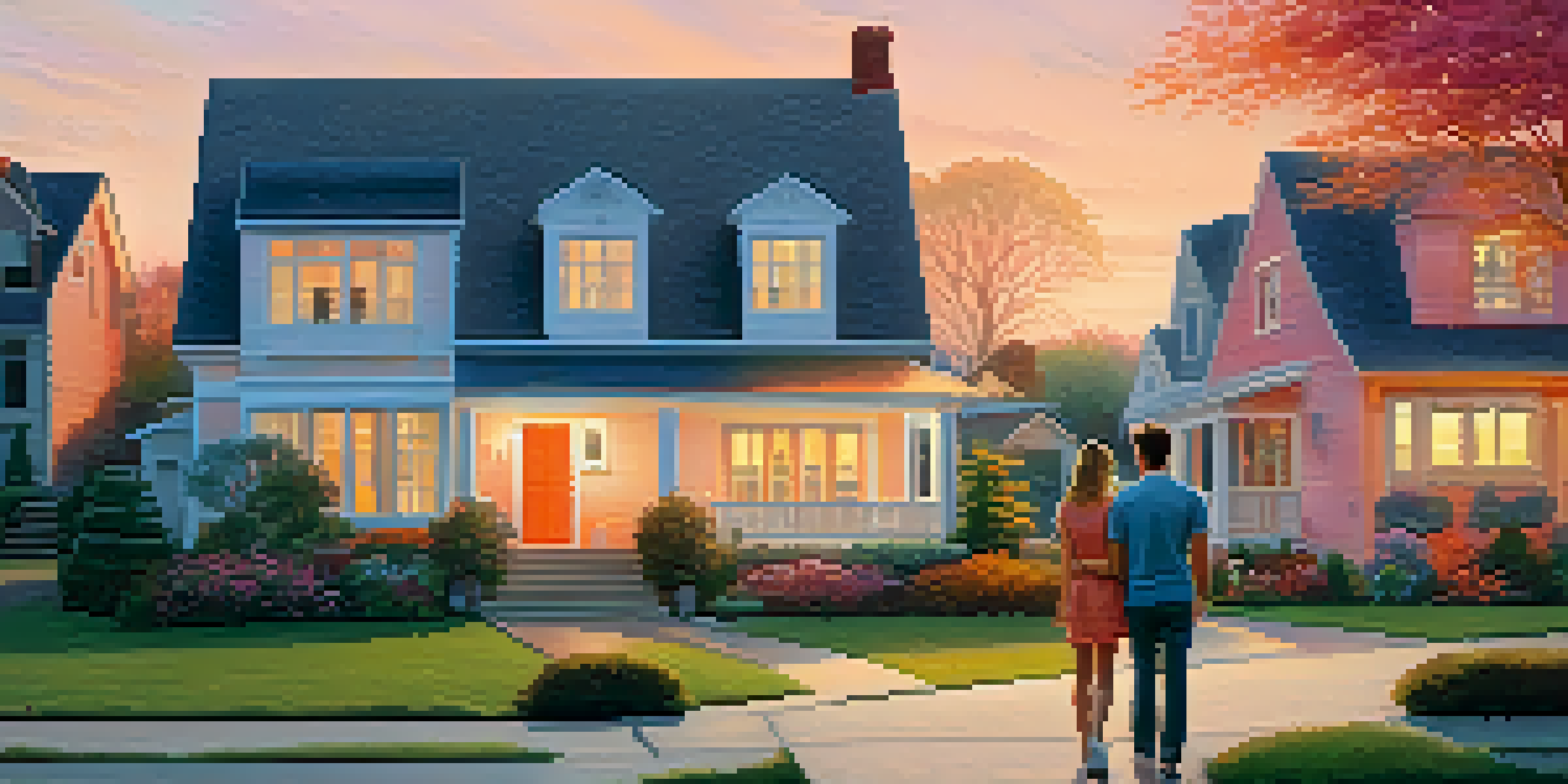 A couple walking in a neighborhood at sunset with houses and gardens around them.