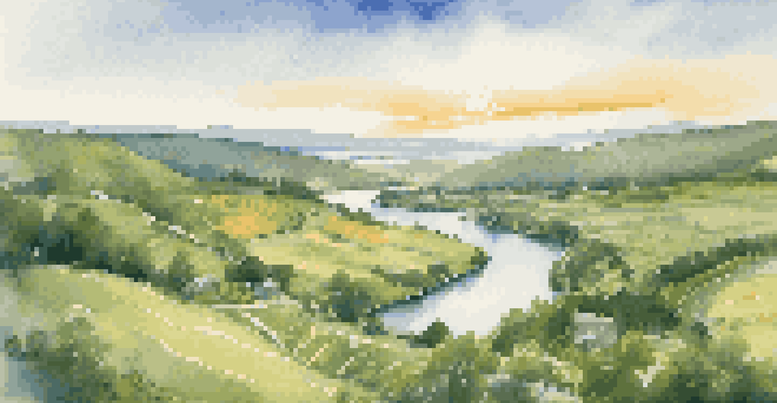 Aerial view of a lush green landscape with rolling hills, a lake, a river, and small farms under bright sunlight.
