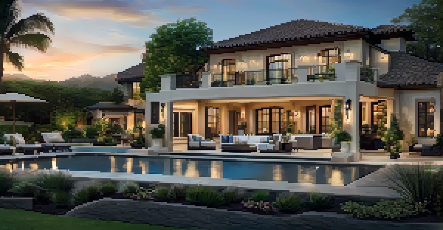 Backyard of a luxury home with an infinity pool and outdoor kitchen surrounded by plants.
