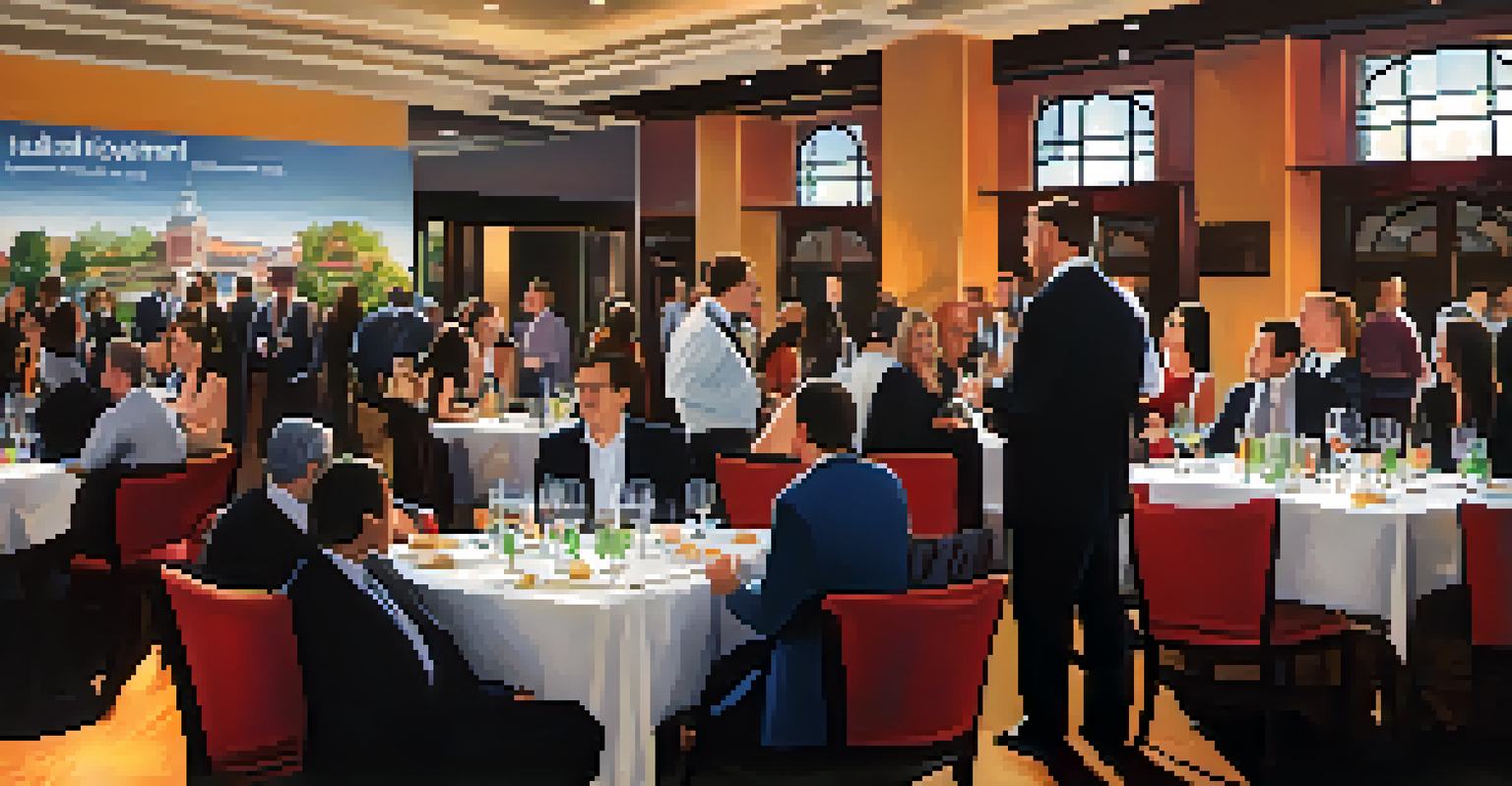 A networking event for real estate investment education with attendees mingling and exchanging cards.