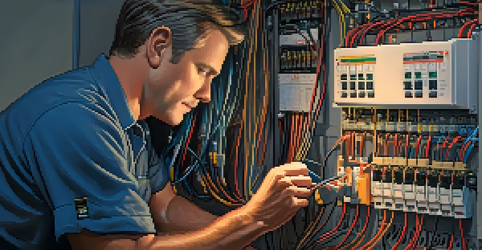 A licensed electrician working on a residential electrical panel with tools and warm lighting.