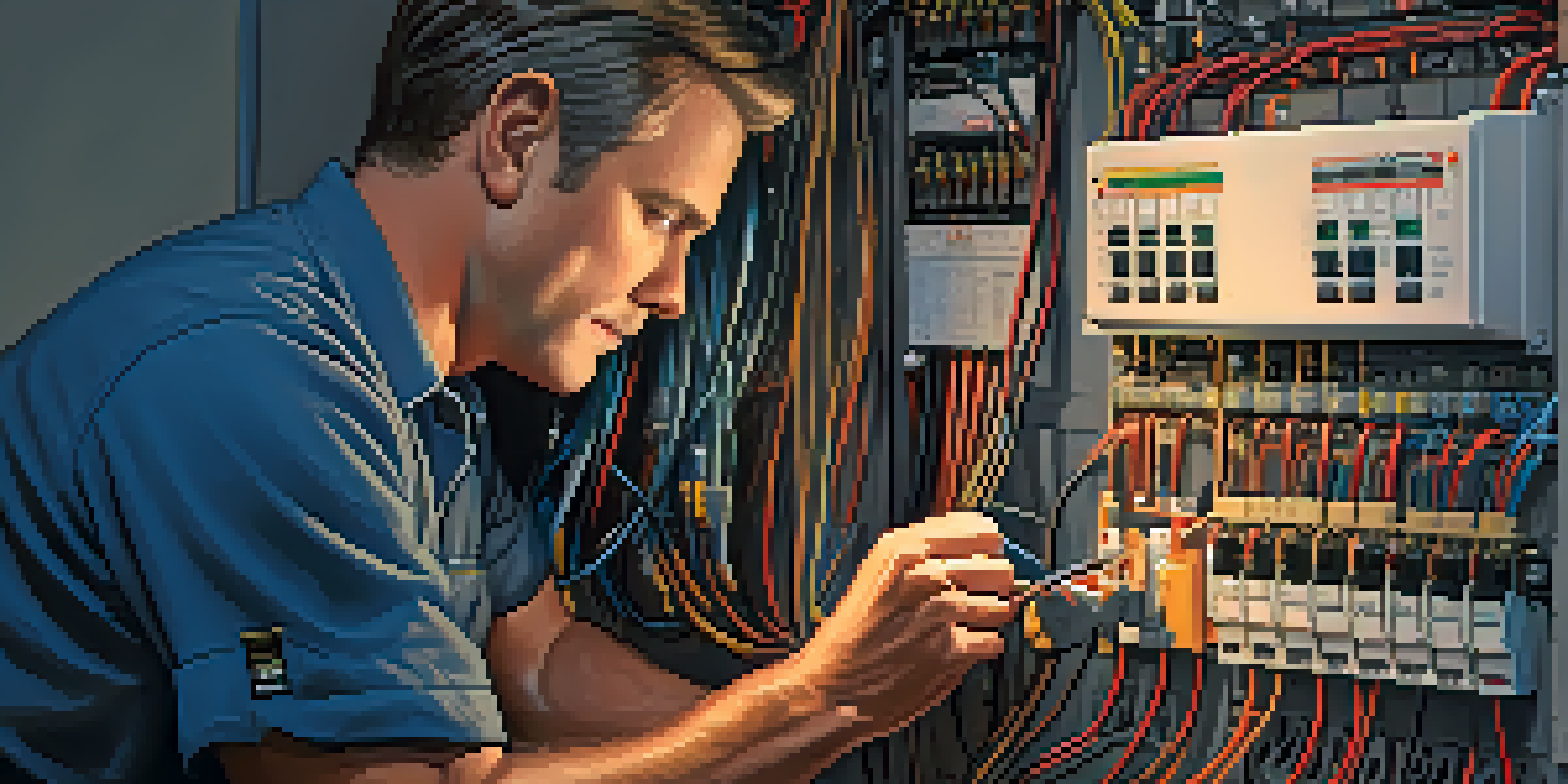 A licensed electrician working on a residential electrical panel with tools and warm lighting.