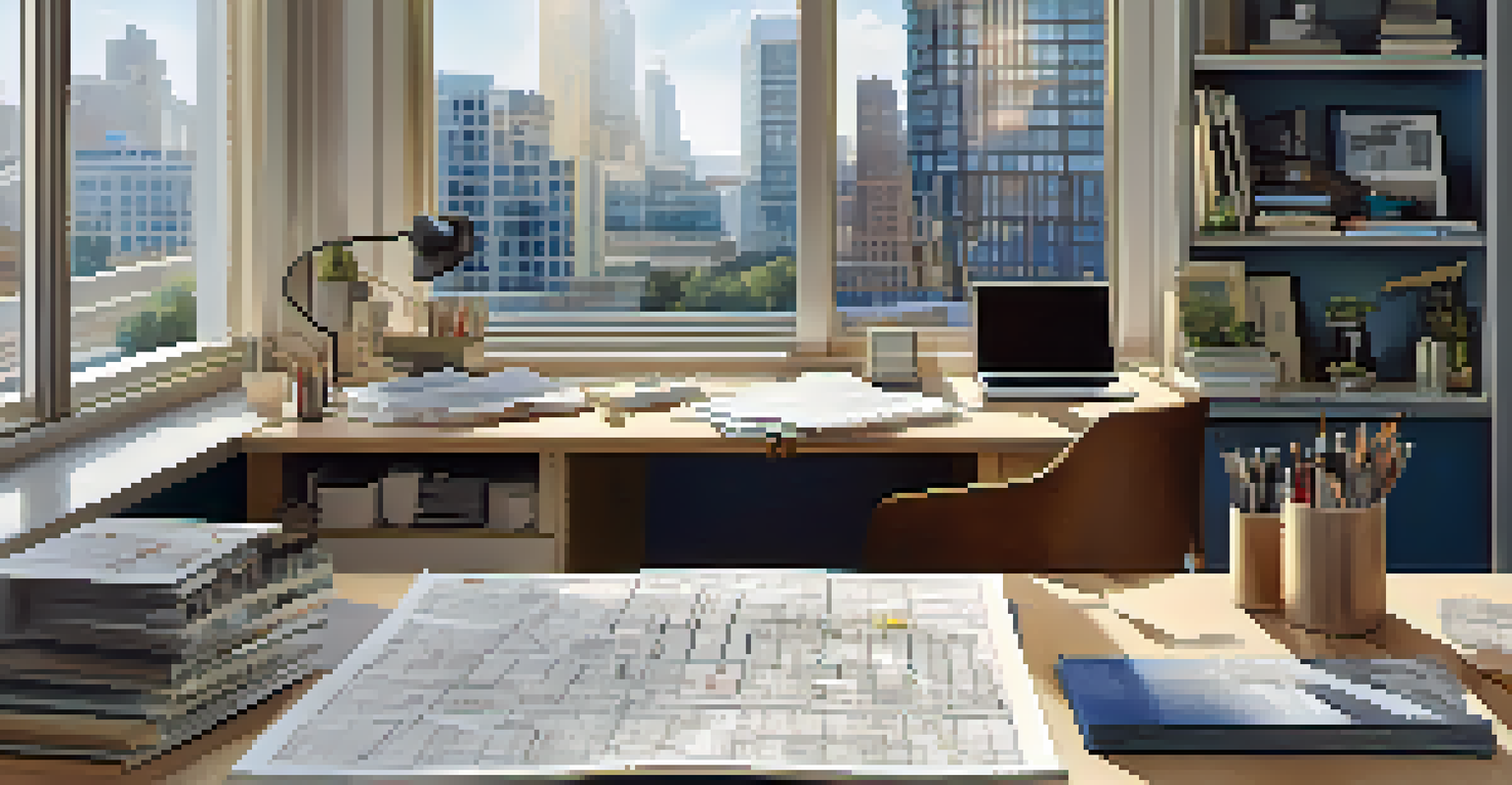 A city planner's desk with blueprints, architectural models, and zoning maps, illuminated by soft light.