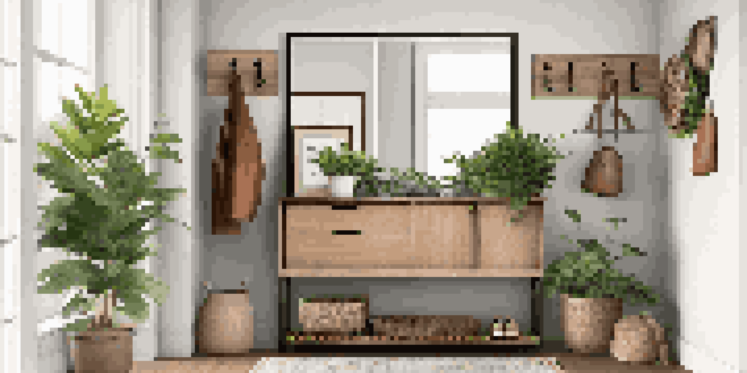 A well-organized entryway with metal hooks, wooden racks, a mirror, and a potted plant, illuminated by soft natural light.