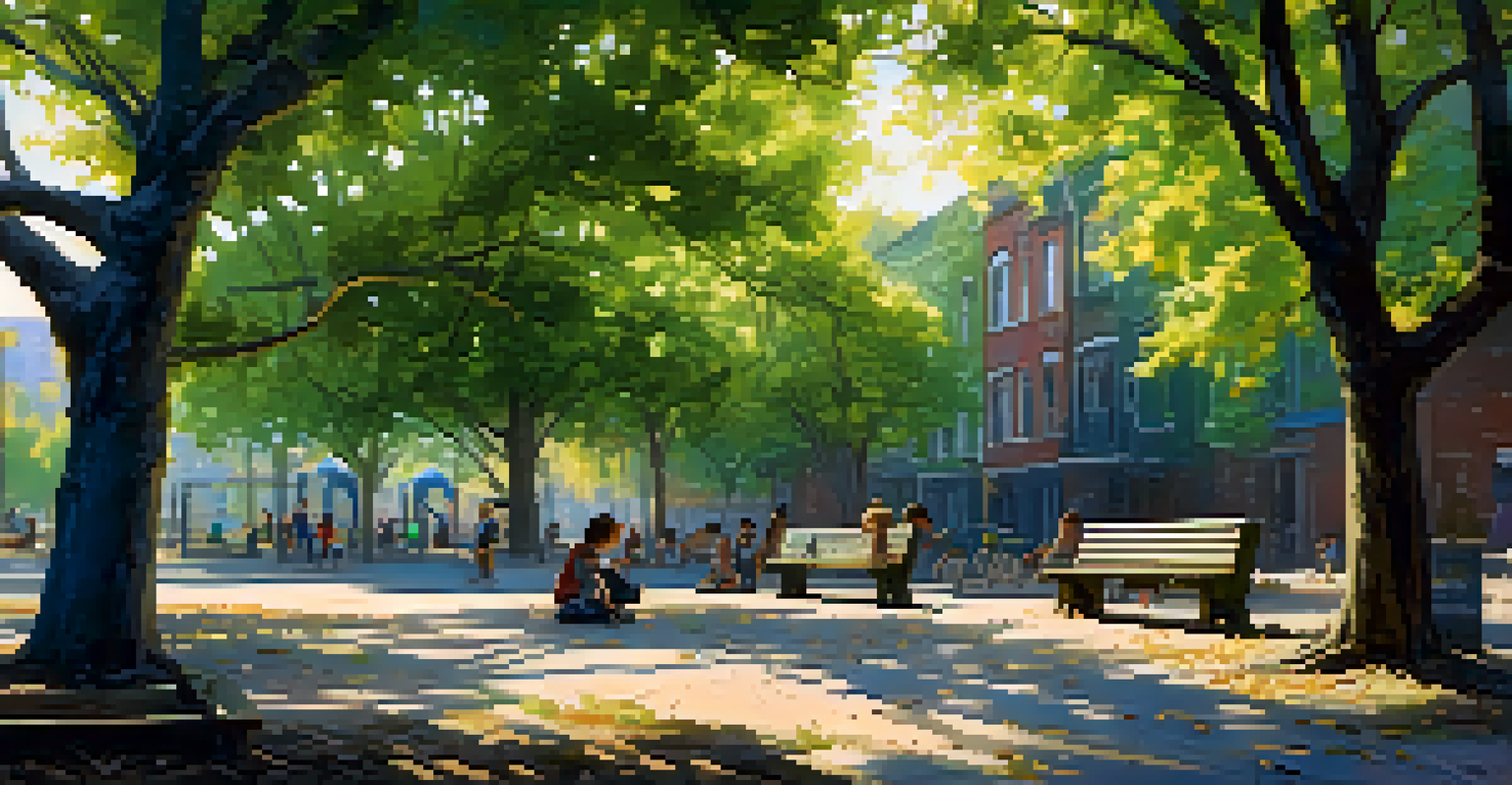 An urban park in a distressed area with children playing, surrounded by overgrown playground equipment and dilapidated benches.