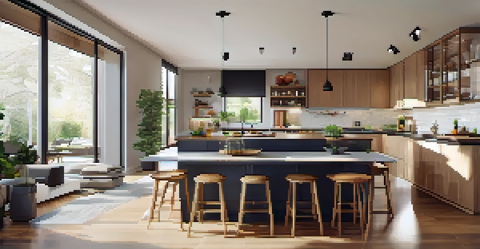 A bright and airy open kitchen with a modern island, dining area, and living room, showcasing a seamless flow between spaces.