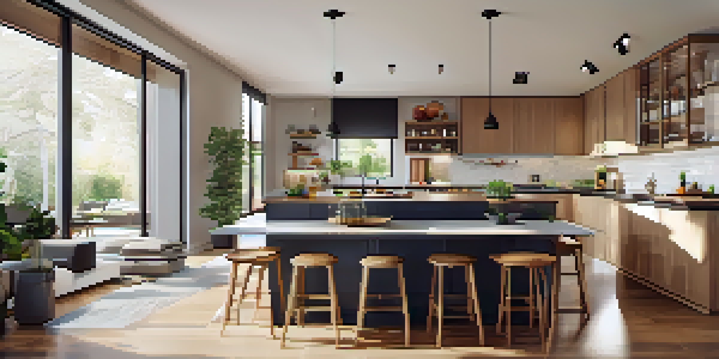 A bright and airy open kitchen with a modern island, dining area, and living room, showcasing a seamless flow between spaces.