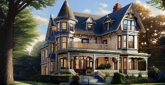 A Victorian home that combines historical architecture with modern design, featuring intricate woodwork and a contemporary kitchen visible through large windows.