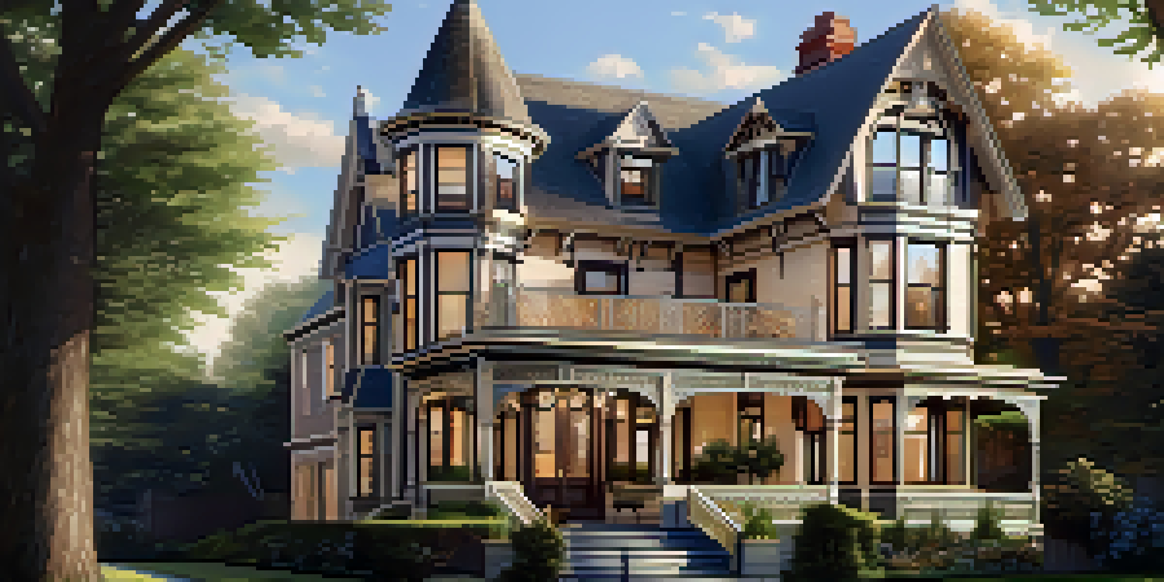 A Victorian home that combines historical architecture with modern design, featuring intricate woodwork and a contemporary kitchen visible through large windows.