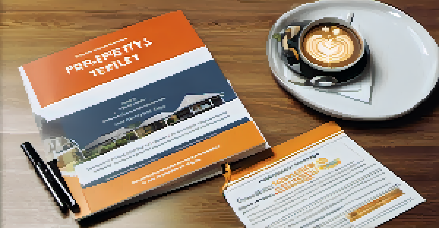 A property flyer with details about a house, pens, and snacks on a wooden table, with a cup of coffee beside it.