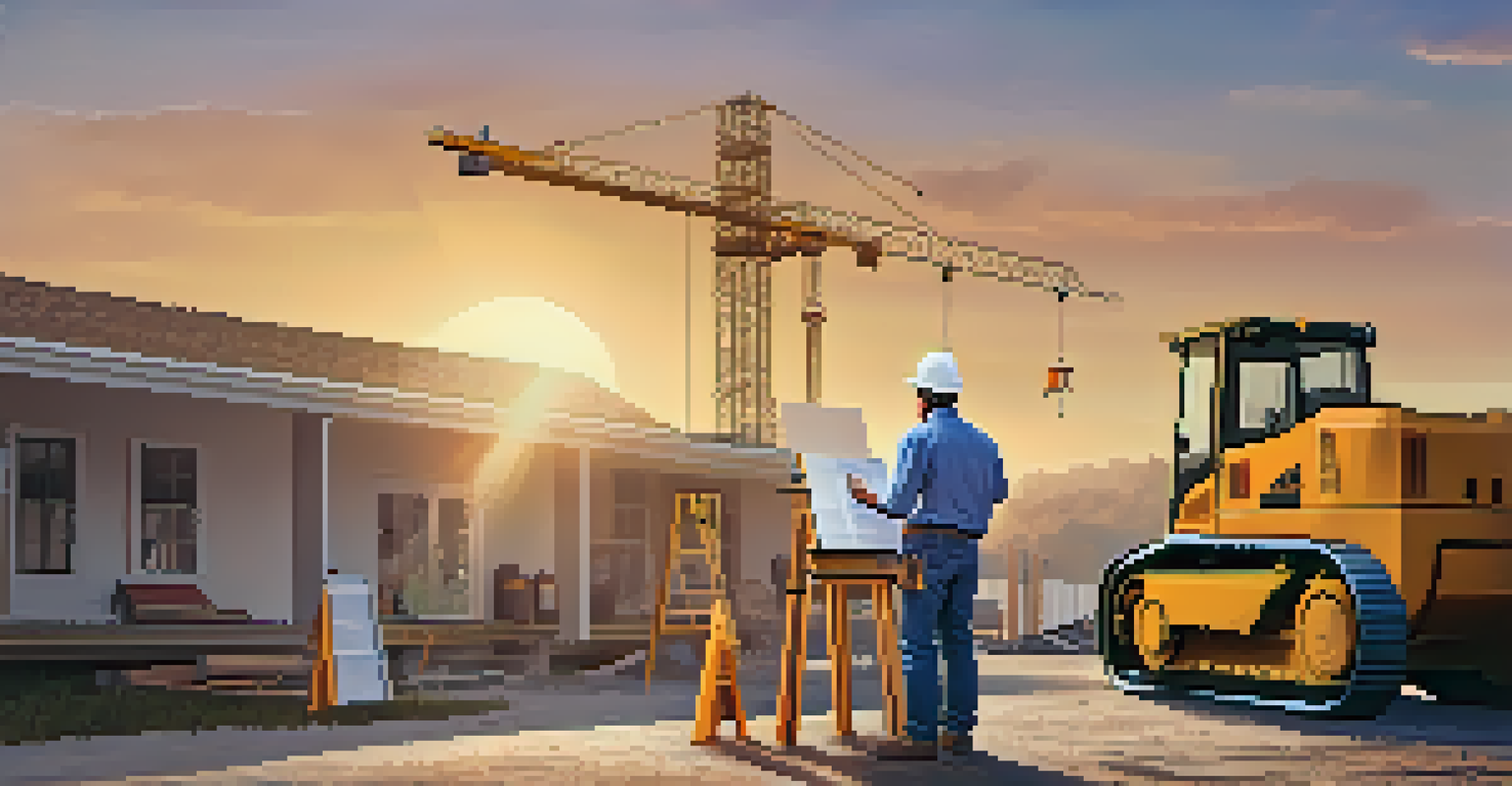 A contractor and homeowner discussing plans at a construction site, with blueprints in hand and equipment in the background.