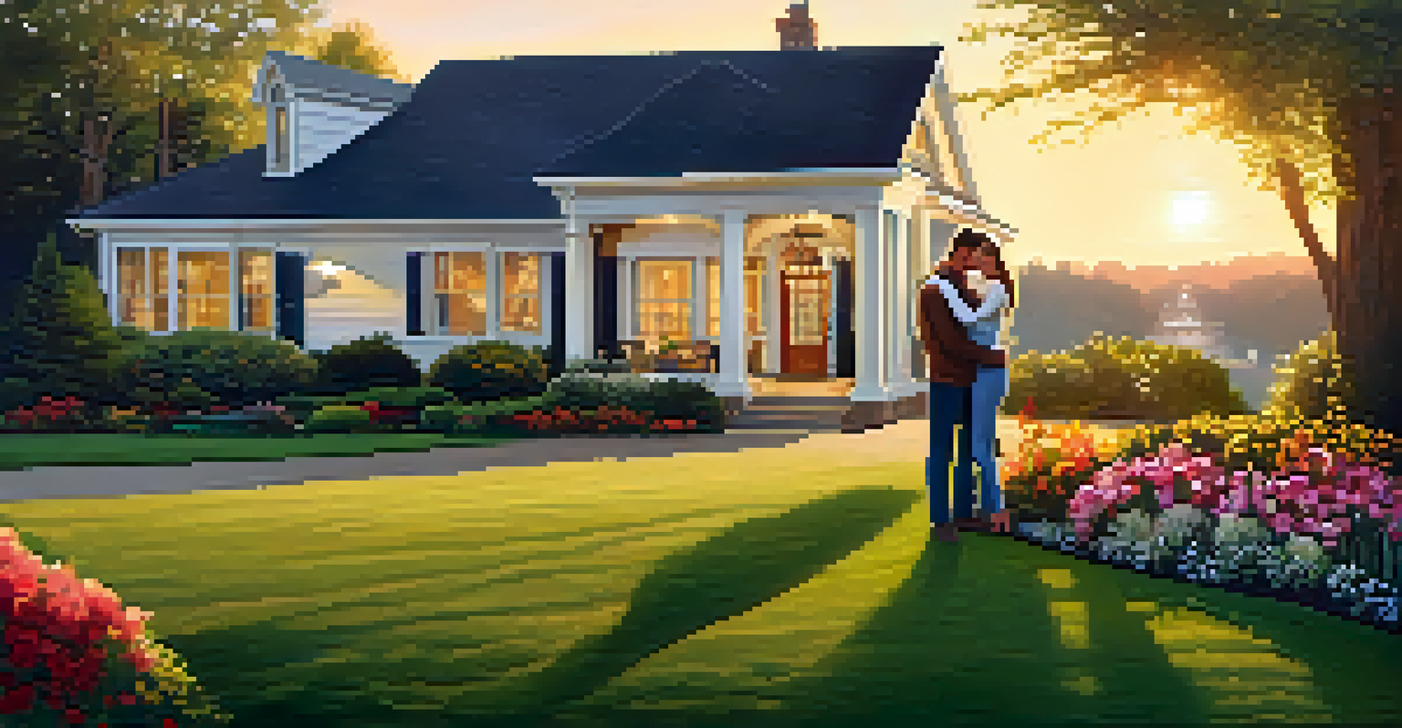A joyful couple in front of their new home, holding a 'sold' sign, with a beautiful garden and sunset in the background.