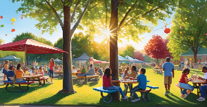 A community barbecue in a park with diverse residents interacting and enjoying their time together, with children playing and colorful decorations.