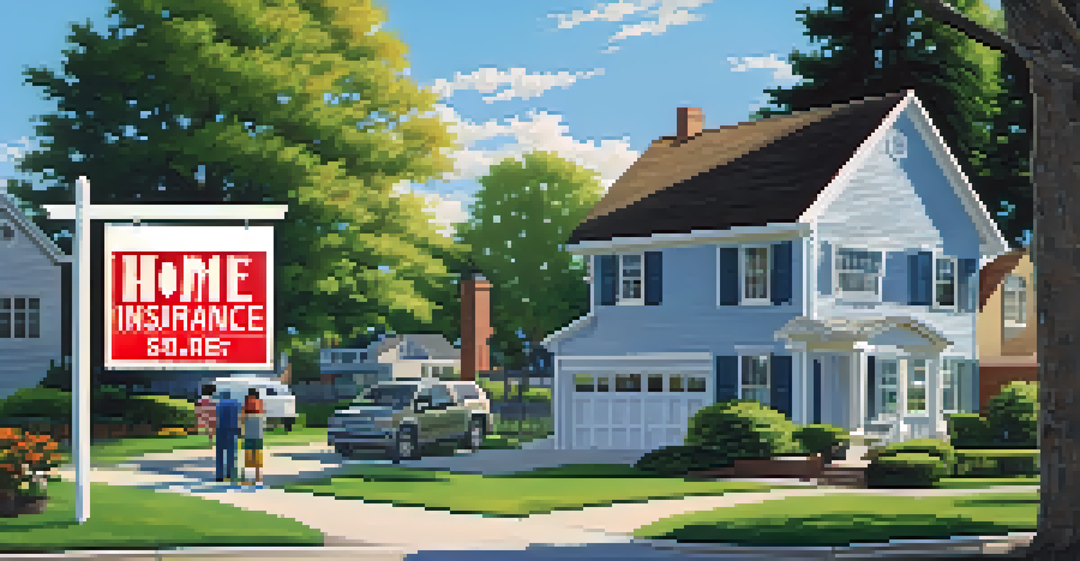A suburban neighborhood with families discussing home insurance options in front of a house with a 'Home Insurance' sign.