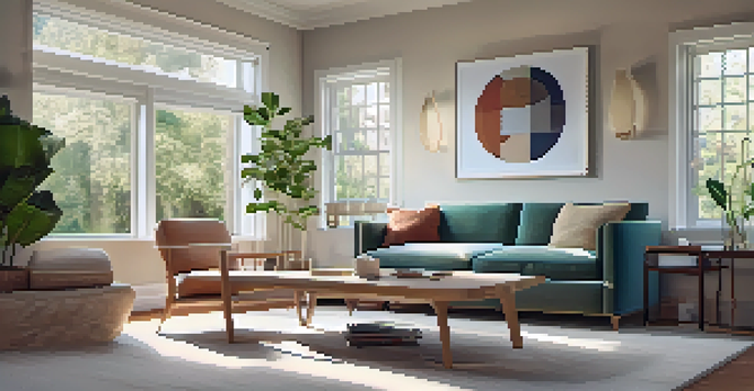 A cozy living room with soft carpeting, acoustic panels, and a large window letting in natural light, showcasing a serene environment.