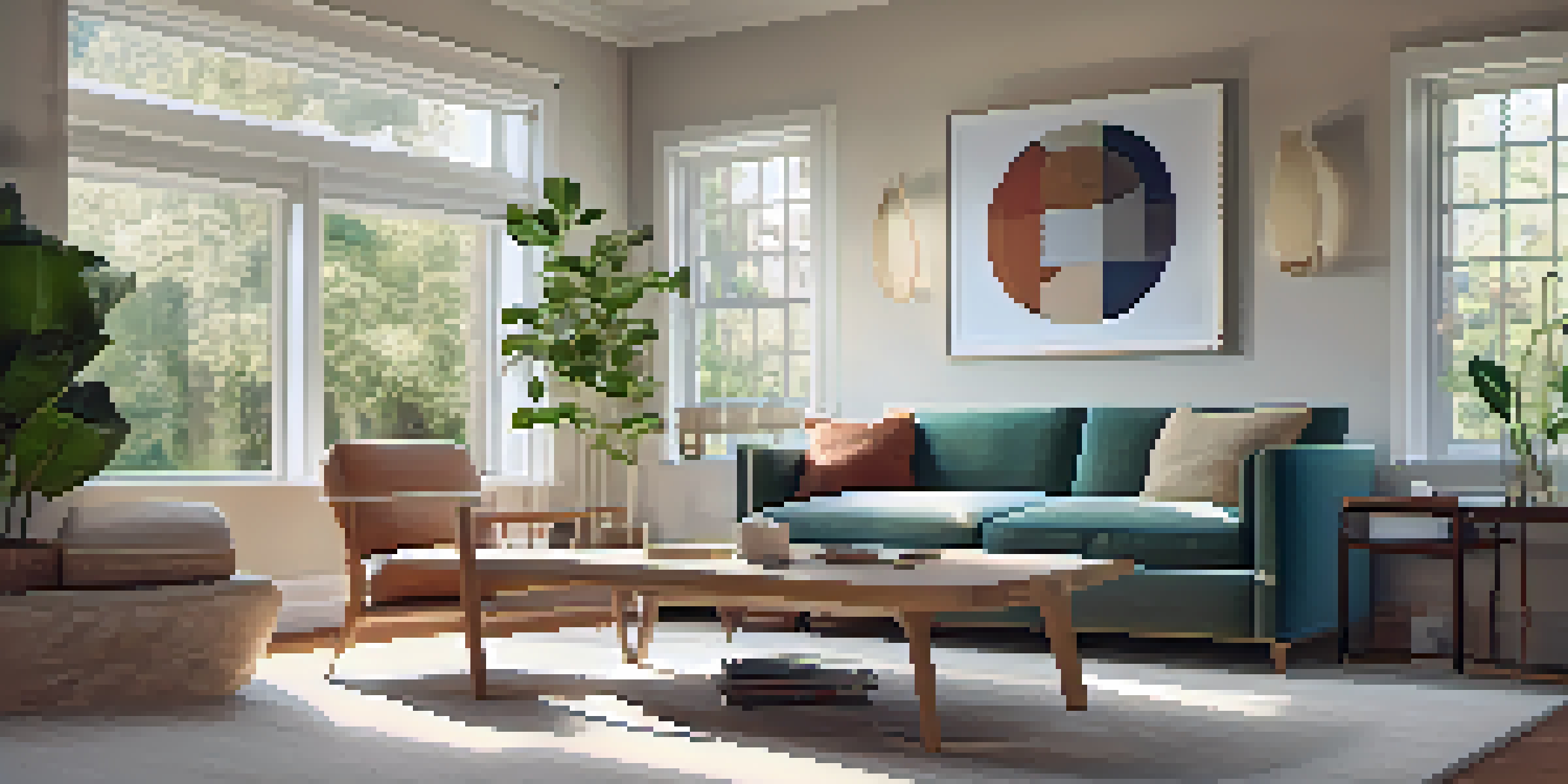 A cozy living room with soft carpeting, acoustic panels, and a large window letting in natural light, showcasing a serene environment.