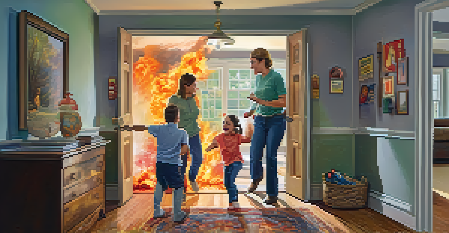 A family engaging in a fire drill at home, practicing evacuation near an exit door with a smoke detector visible above.