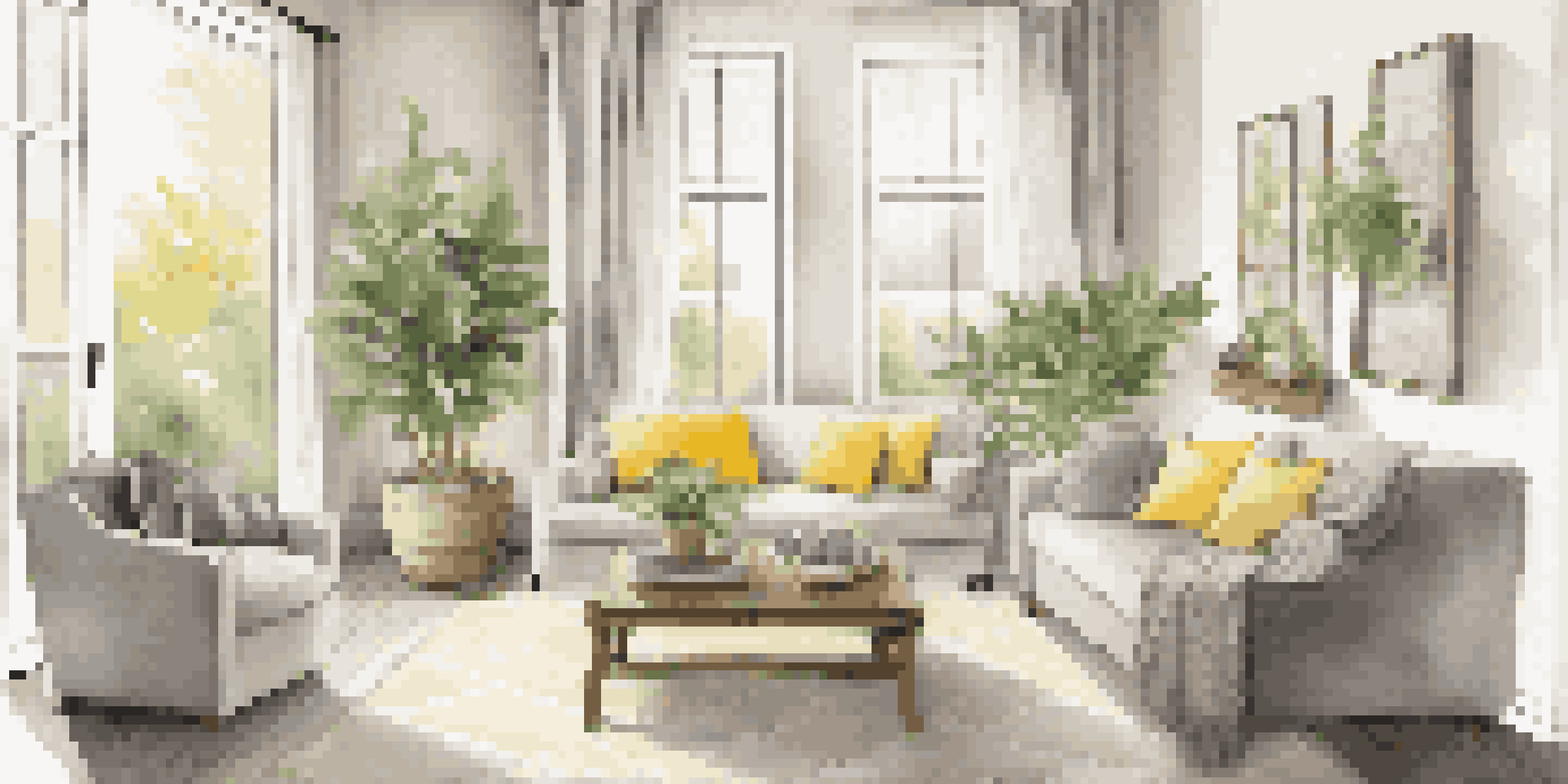 A warm and inviting living room with a neutral color palette, plush sofa, reclaimed wood coffee table, and natural light streaming through large windows.