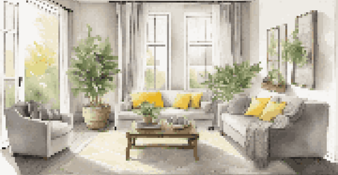 A warm and inviting living room with a neutral color palette, plush sofa, reclaimed wood coffee table, and natural light streaming through large windows.