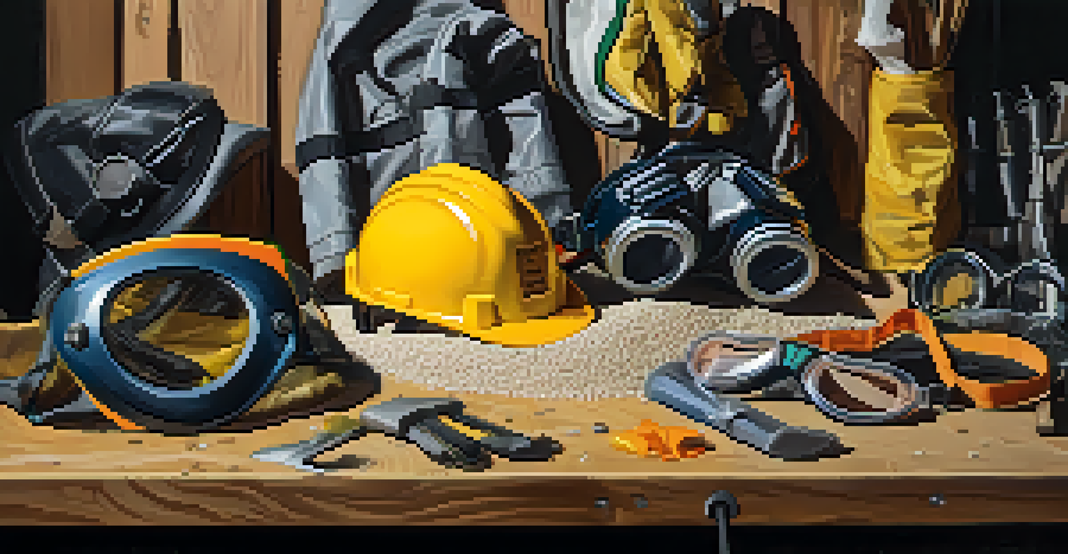 An array of safety gear including goggles, gloves, and a dust mask displayed on a workbench.