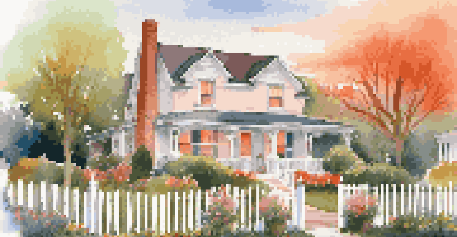 A charming suburban home at sunset with a vibrant garden and white picket fence.