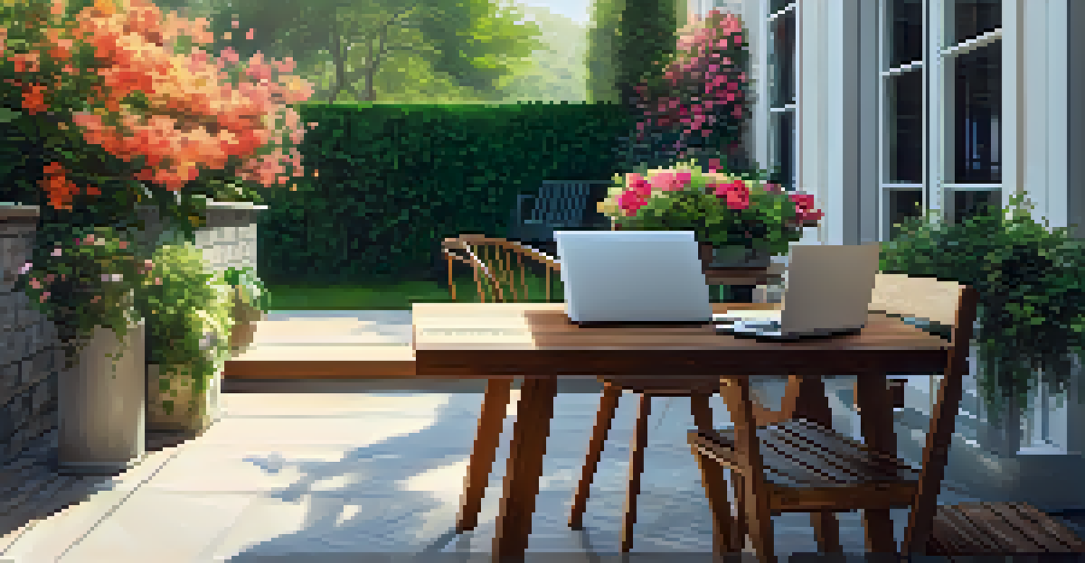 A peaceful outdoor workspace on a patio featuring a laptop on a wooden table surrounded by flowers and greenery under soft sunlight.