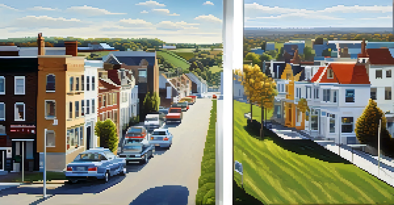 A split image contrasting a busy urban rental market with a quiet rural rental landscape, showing the diversity in housing options.