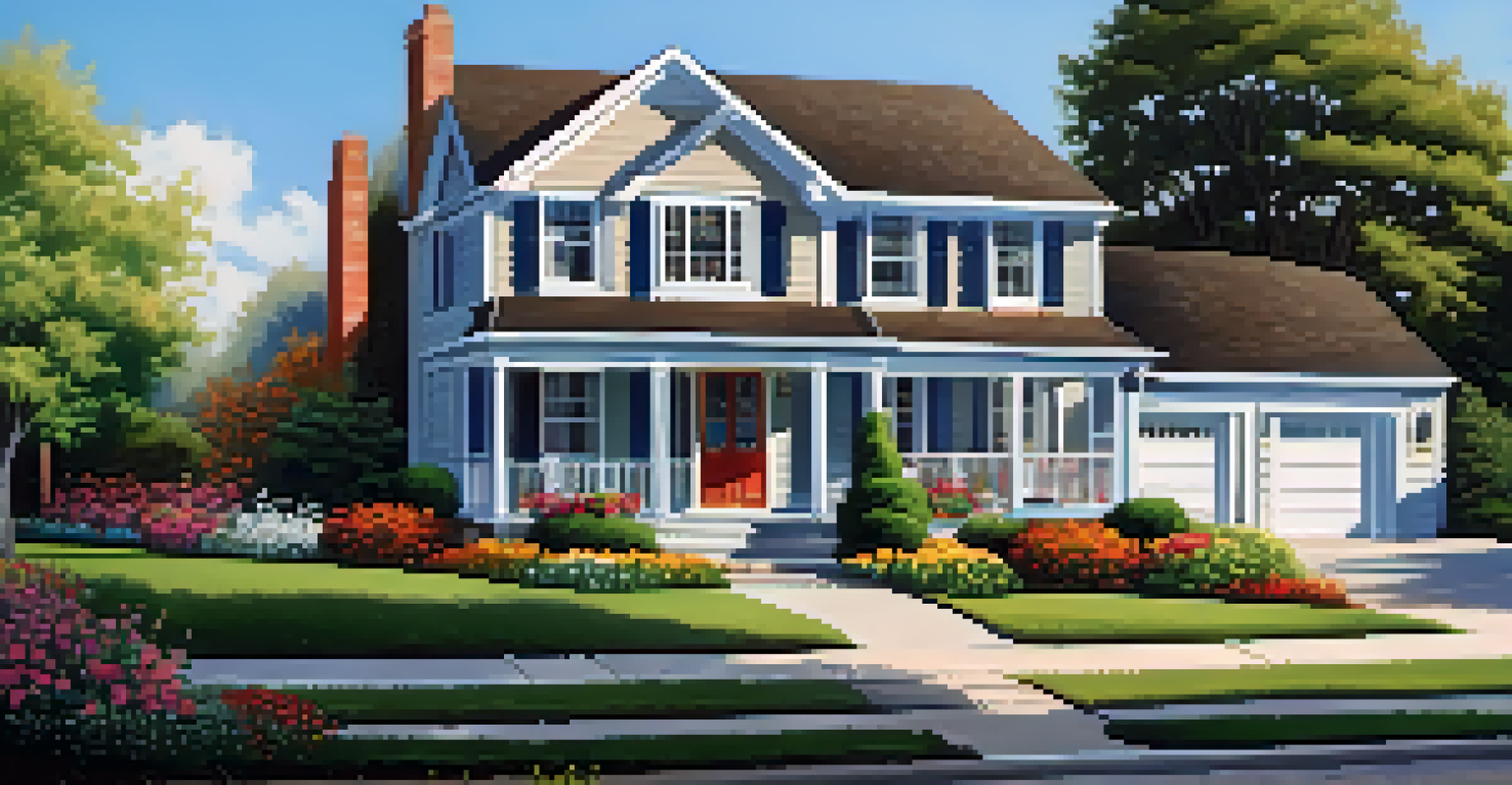 A charming suburban home with a beautiful garden, where a family is discussing in front of the house with a home inspection report on the porch.